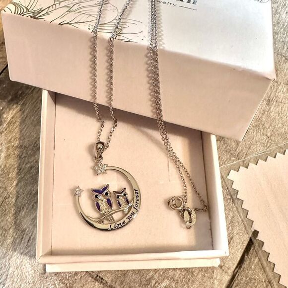 Sterling Silver Owl Tree of Life Moon Necklace - Picture 2 of 5